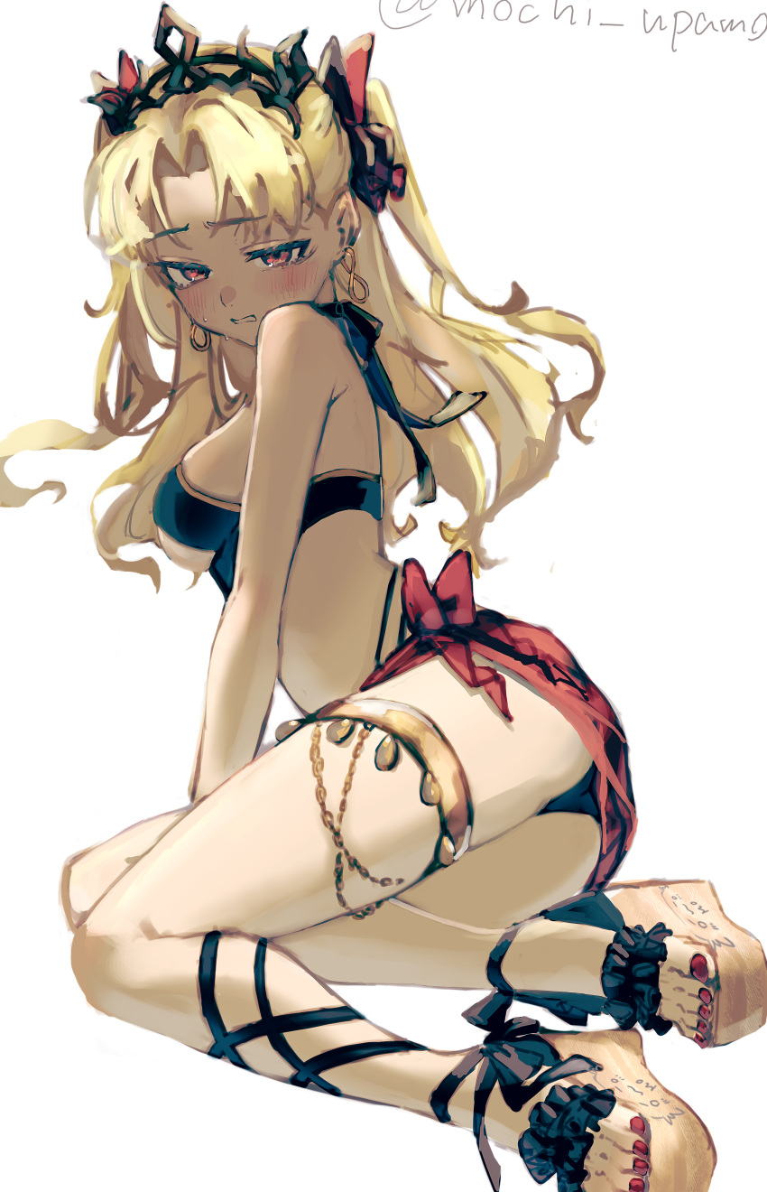 1girl absurdres alternate_costume anklet bikini black_bikini blonde_hair breasts commentary_request earrings ereshkigal_(fate) fate/grand_order fate_(series) hair_ribbon highres jewelry long_hair medium_breasts mochi_upamo parted_bangs red_eyes red_nails red_ribbon red_sarong ribbon sandals sarong simple_background sitting solo sweat swimsuit toenails toes twitter_username two_side_up white_background yokozuwari