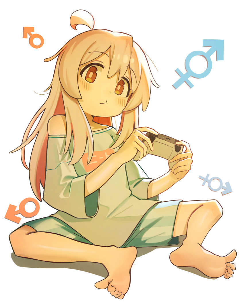 1girl absurdres ahoge barefoot boxers controller feet game_controller genderswap genderswap_(mtf) highres holding holding_controller holding_game_controller long_hair loose_clothes loose_shirt male-female_symbol male_underwear mars_symbol off_shoulder onii-chan_wa_oshimai! orange_eyes oyama_mahiro pink_hair playing_games shirt sitting solo t-shirt underwear ylong