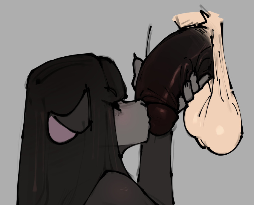 anthro balls biped black_body black_hair duo erection esahma eyes_closed female genitals grey_background hair hi_res kissing male male/female mammal penis penis_kissing saggy_balls simple_background tan_body