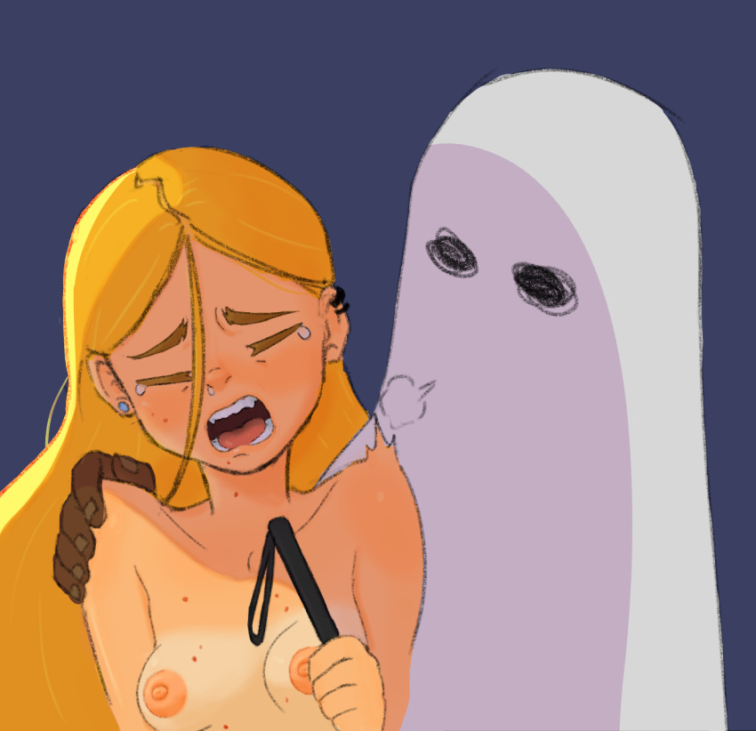 blanket blonde_hair cane crying dark_skin ghost halloween highres holding holding_cane long_hair moitasart nude original scared