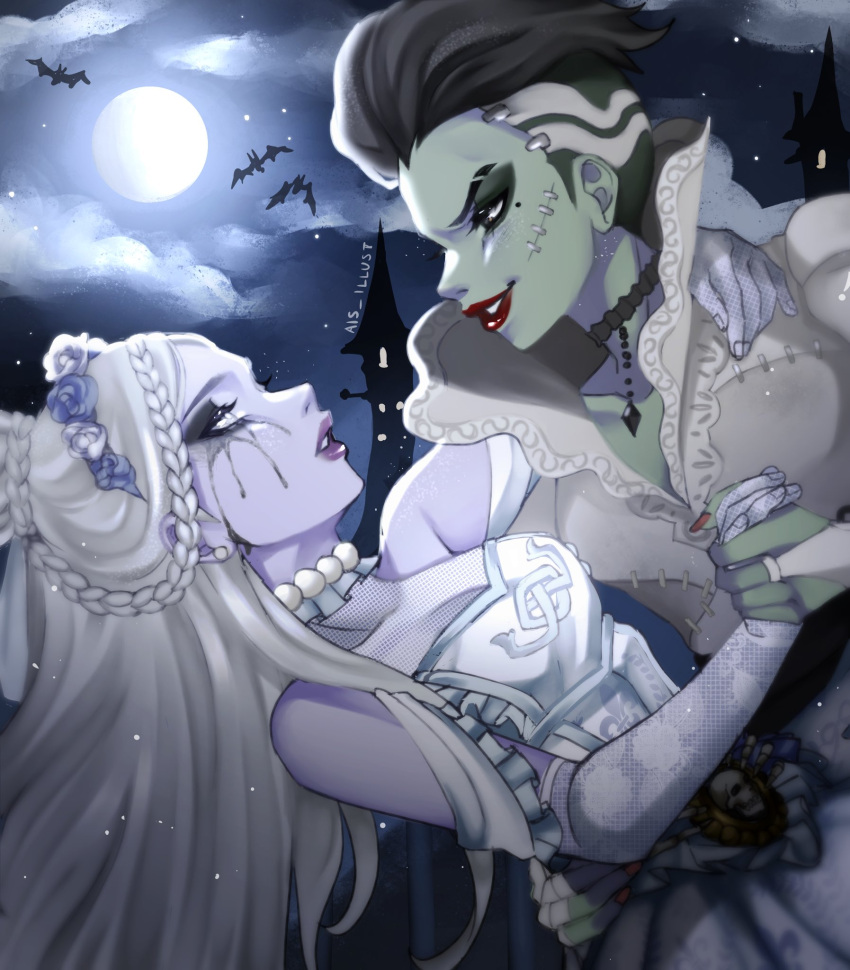 2girls ais_illust bat_(animal) black_hair black_tears bride castle choker cloud colored_skin cosplay dancing dried_tears frankenstein's_monster frankenstein's_monster_(cosplay) full_moon green_skin halloween highres jewelry lipstick makeup mascara moon multiple_girls necklace night night_sky overwatch overwatch_1 pearl_necklace purple_skin red_lips sky sombra_(overwatch) stitched_face stitches tears undead white_hair widowmaker_(overwatch)