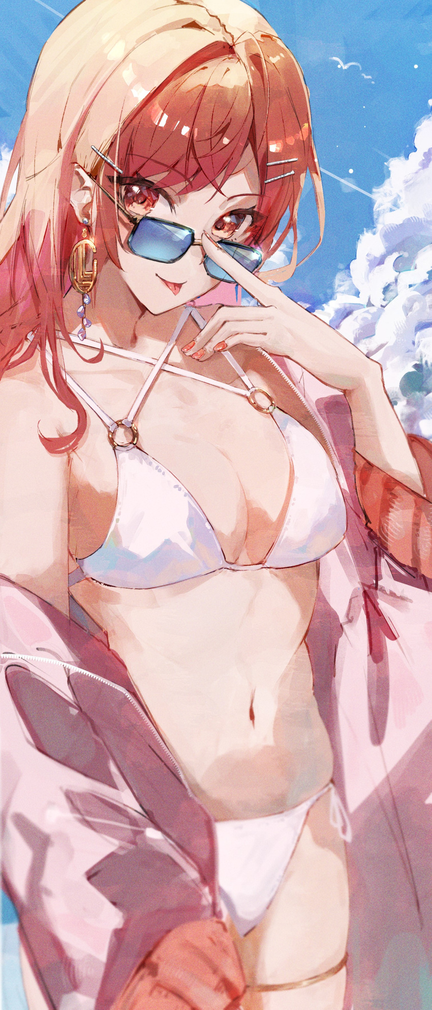 1girl absurdres bikini breasts earrings highres hololive ichijou_ririka jacket jewelry long_hair medium_breasts navel orange_eyes orange_hair orange_nails pink_jacket single_earring sunglasses swimsuit tongue tongue_out virgo76612871 virtual_youtuber white_bikini