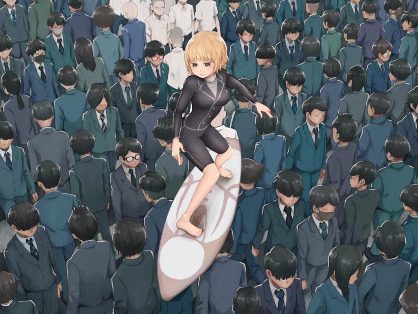 6+boys 6+girls black_hair blonde_hair bodysuit commentary commentary_request diving_suit faceless faceless_female faceless_male mask mouth_mask multiple_boys multiple_girls original solo_focus suit surfboard surfing surgical_mask wetsuit yajirushi_(chanoma)