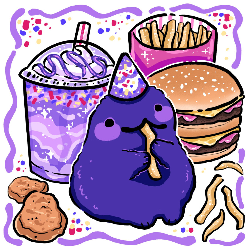 1:1 :3 beverage big_mac_(burger) birthday birthday_hat blush burger chicken_meat chicken_nugget eating food fries fur grimace_(mcdonald's) hi_res male mcdonald's meat milkshake monster not_furry purple_body purple_fur solo woolblossoms