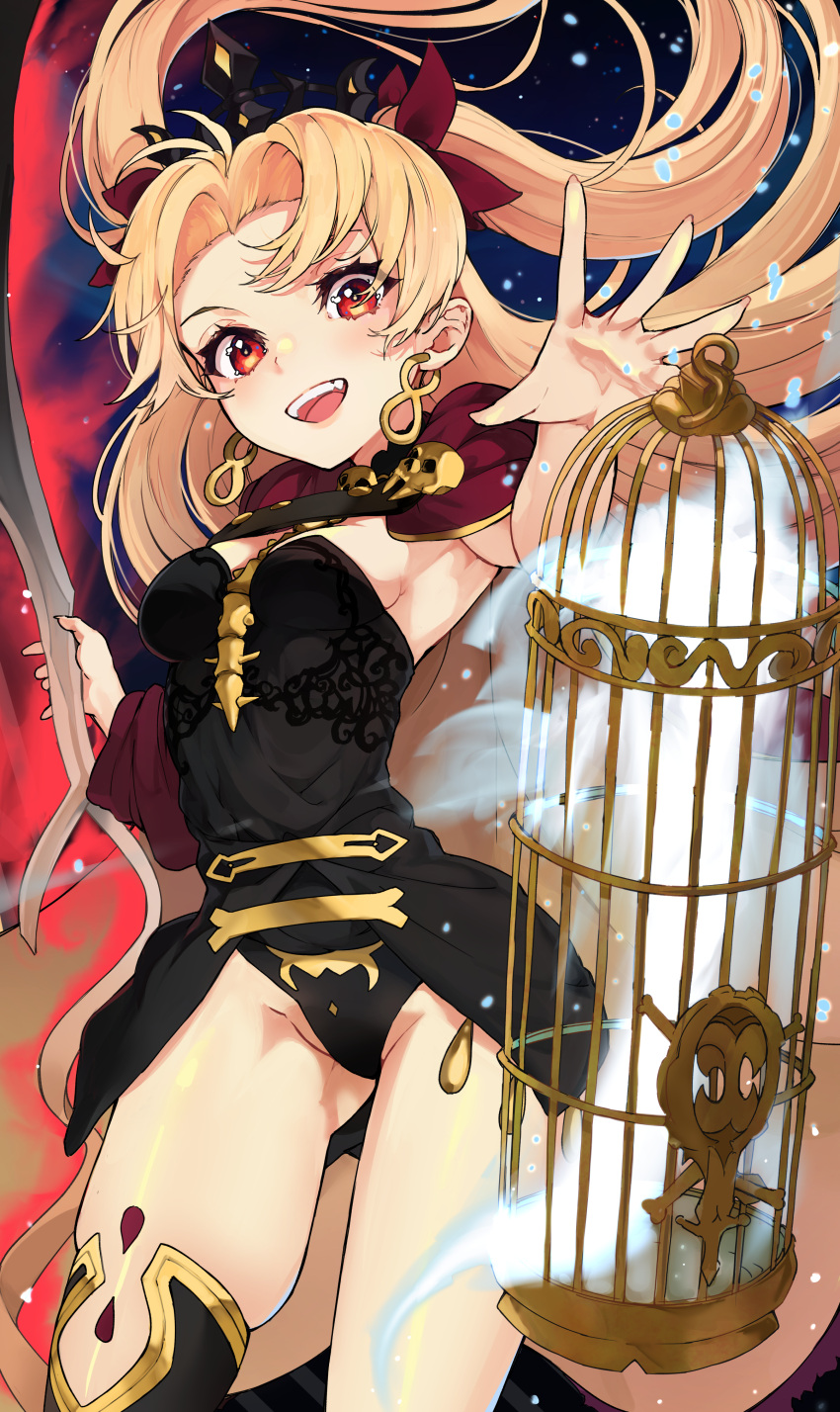 1girl absurdres black_dress black_thighhighs black_tiara blonde_hair cage cape commentary dress earrings ereshkigal_(fate) fate/grand_order fate_(series) hair_ribbon highres hitodama hoop_earrings jewelry long_hair looking_at_viewer meslamtaea_(weapon) minus_zero night night_sky open_mouth red_cape red_eyes red_ribbon ribbon single_thighhigh skull skull_brooch sky smile solo spine star_(sky) starry_sky thighhighs