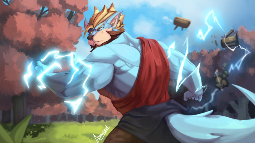 16:9 adrovmike adrovmike_art anthro beard canid canine canis clothed clothing digital_media_(artwork) facial_hair hair male mammal solo splash tail threes thunder widescreen wolf