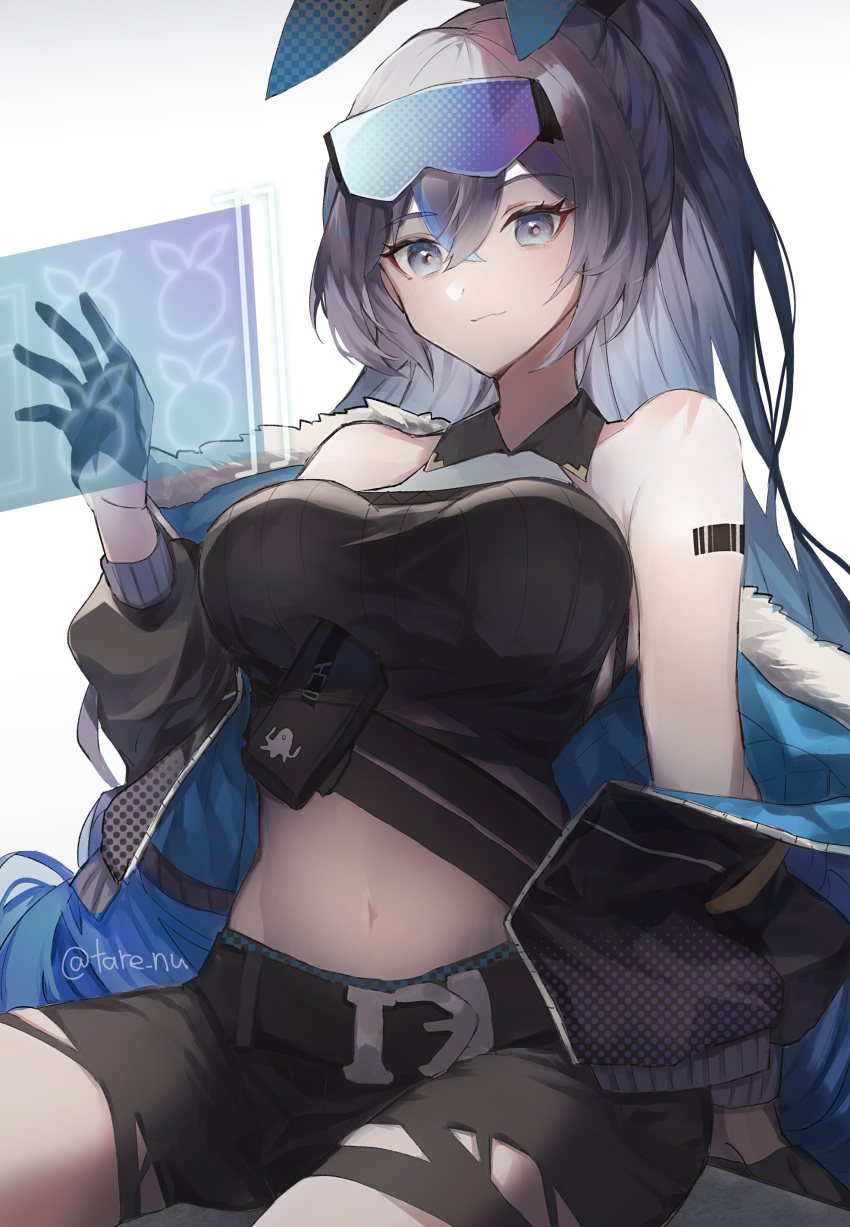 1girl absurdres barcode barcode_tattoo belly black_gloves black_jacket black_shirt black_shorts breasts bronya_zaychik bronya_zaychik_(haxxor_bunny) bronya_zaychik_(haxxor_bunny)_(cosplay) bronya_zaychik_(silverwing:_n-ex) collared_shirt commentary_request cosplay drill_ponytail gloves grey_eyes grey_hair hacker hair_ornament highres holographic_monitor honkai_(series) honkai_impact_3rd jacket large_breasts long_hair navel pink_pupils ponytail rabbit_hair_ornament shirt shorts sleeveless sleeveless_shirt smile solo tare_(tonikaku_magaru) tattoo