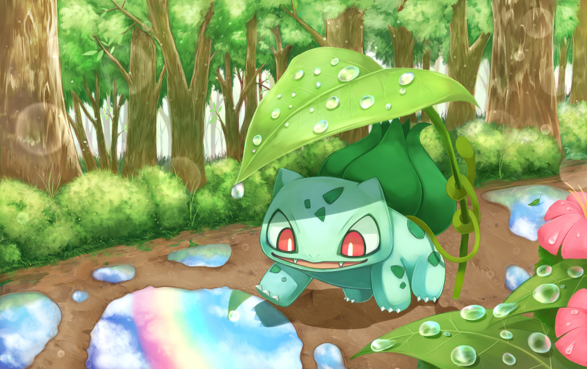 absurdres animal_focus bright_pupils bulbasaur claws fangs flower forest highres leaf leaf_umbrella nature no_humans nostrils open_mouth outdoors path pink_flower plant pokemon pokemon_(creature) puddle rainbow red_eyes solo stepping teikuu_hikou tree vines water_drop white_pupils