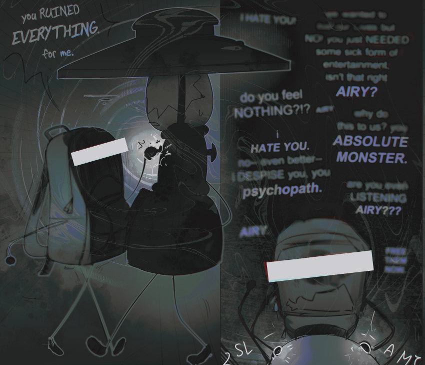 2023 383937h abstract_background airy_(hfjone) ambiguous_gender ambiguous_pov angry animate_inanimate backpack biped censored_face contact_onomatopoeia dazed dialogue digital_media_(artwork) duo english_text first_person_view hfjone hi_res impact_onomatopoeia lamp liam_plecak_(hfjone) male_(lore) not_furry object_shows oil_lamp onomatopoeia open_mouth pointy_speech_bubble poking_chest slam sound_effects source_request speech_bubble stick_limbs text unavailable_at_source zipper
