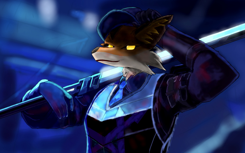 16:10 ambiguous_gender anthro blade blue_clothing blue_necktie blurred_background canid canine clothing crossover delp epic_games fennix_(fortnite) fortnite fox glowing glowing_blade glowing_eyes hand_behind_head hat headgear headwear hi_res hong_lu_(limbus_company) limbus_company male_(lore) mammal melee_weapon necktie project_moon protective_gear solo sword uniform warp_corporation weapon widescreen yellow_eyes