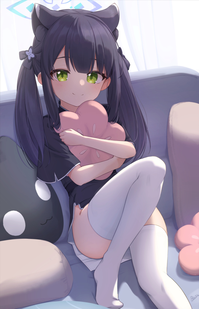1girl animal_ears artist_name basa_rutan black_hair black_shirt blue_archive blue_halo child chinese_clothes closed_mouth commentary_request couch curtains green_eyes halo highres indoors long_hair looking_at_viewer on_couch shirt short_sleeves shun_(blue_archive) shun_(small)_(blue_archive) sitting smile solo thighhighs twintails white_thighhighs window