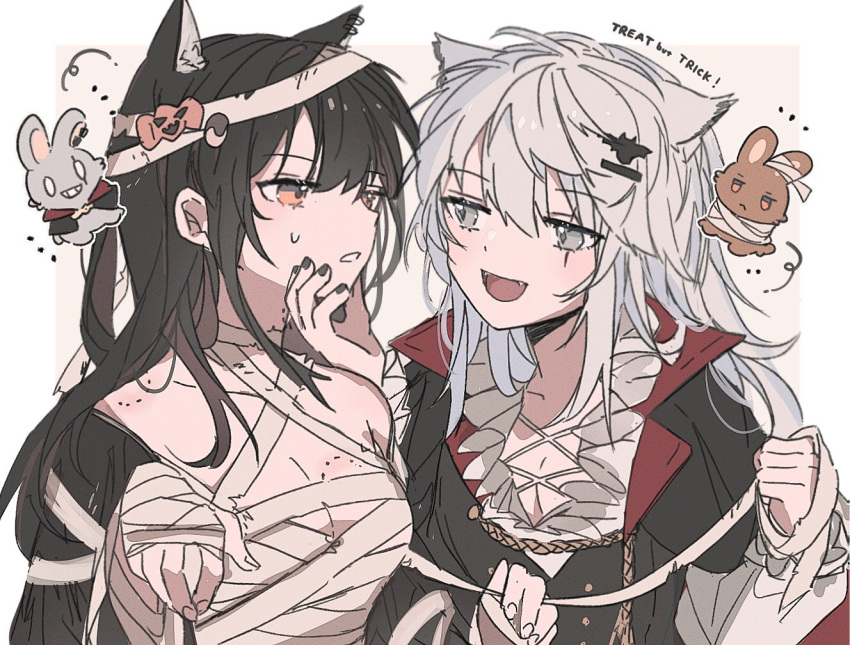 ... 2girls ahoge animal_ear_fluff animal_ear_piercing animal_ears arknights bandages bat_hair_ornament bite_mark bite_mark_on_chest bite_mark_on_neck bite_mark_on_shoulder black_coat black_hair black_nails breasts buttons center_opening character_doll chibi cleavage cleavage_cutout clothing_cutout coat collarbone collared_coat commentary ear_piercing english_text eye_contact facing_viewer fangs fingernails frilled_shirt frills grey_eyes grey_hair hair_between_eyes hair_ornament hairclip halloween hand_on_another's_chin hands_up inset lappland_(arknights) long_hair long_sleeves looking_at_another loose_bandages medium_breasts multiple_girls mummy_costume nail_polish open_mouth parted_lips piercing scar scar_across_eye scar_on_face seri_(vyrlw) shirt simple_background smug spoken_ellipsis sweat symbol-only_commentary texas_(arknights) tongue two-tone_background upper_body vampire_costume white_background white_shirt wolf_ears wolf_girl yellow_background yellow_eyes yuri