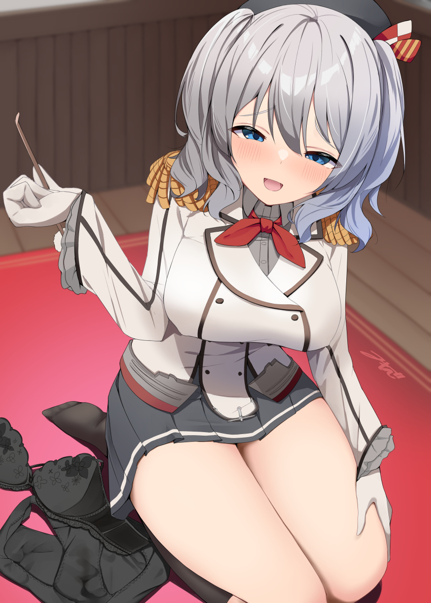 1girl absurdres akinoji_(akiponpon27) beret black_bra black_panties black_skirt black_socks blue_eyes blush bra bra_removed breasts epaulettes frilled_sleeves frills gloves grey_hair hat highres kantai_collection kashima_(kancolle) lap_pillow_invitation large_breasts long_hair long_sleeves looking_at_viewer military_jacket military_uniform mimikaki neckerchief open_mouth panties panties_removed pleated_skirt red_neckerchief seiza sidelocks sitting skirt socks solo twintails underwear uniform wavy_hair white_gloves