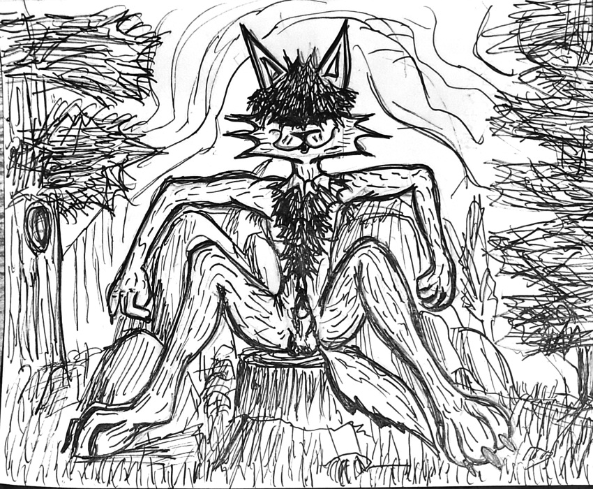 absurd_res anthro big_feet body_hair canid canine canis chest_hair feet fokopoko grass hair hair_over_eye hi_res ink inviting long_legs male mammal nature nature_background one_eye_obstructed plant rock sitting_on_stump skinny were werecanid werecanine werewolf wolf