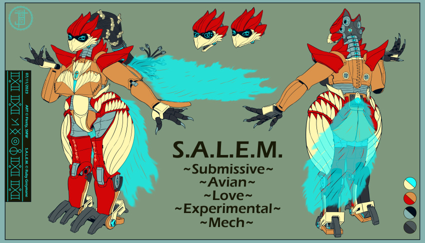 absurd_res anthro avian beak biped bird char_refsheet claws european_mythology feathers female fleety_(artist) greek_mythology hi_res machine model_sheet mythological_avian mythological_firebird mythology phoenix robot robotic salem_(character) salem_(ruby_greymane) science_fiction sfw