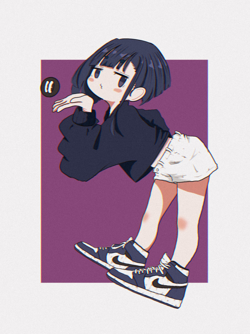 1girl bare_legs black_eyes black_hair black_sweater blowing_kiss border commentary from_side full_body hand_up highres leaning_forward long_sleeves looking_at_viewer looking_to_the_side midriff_peek nao97122 nike original outside_border puckered_lips purple_background shoes short_hair shorts simple_background sneakers solo standing sweater white_border white_footwear white_shorts