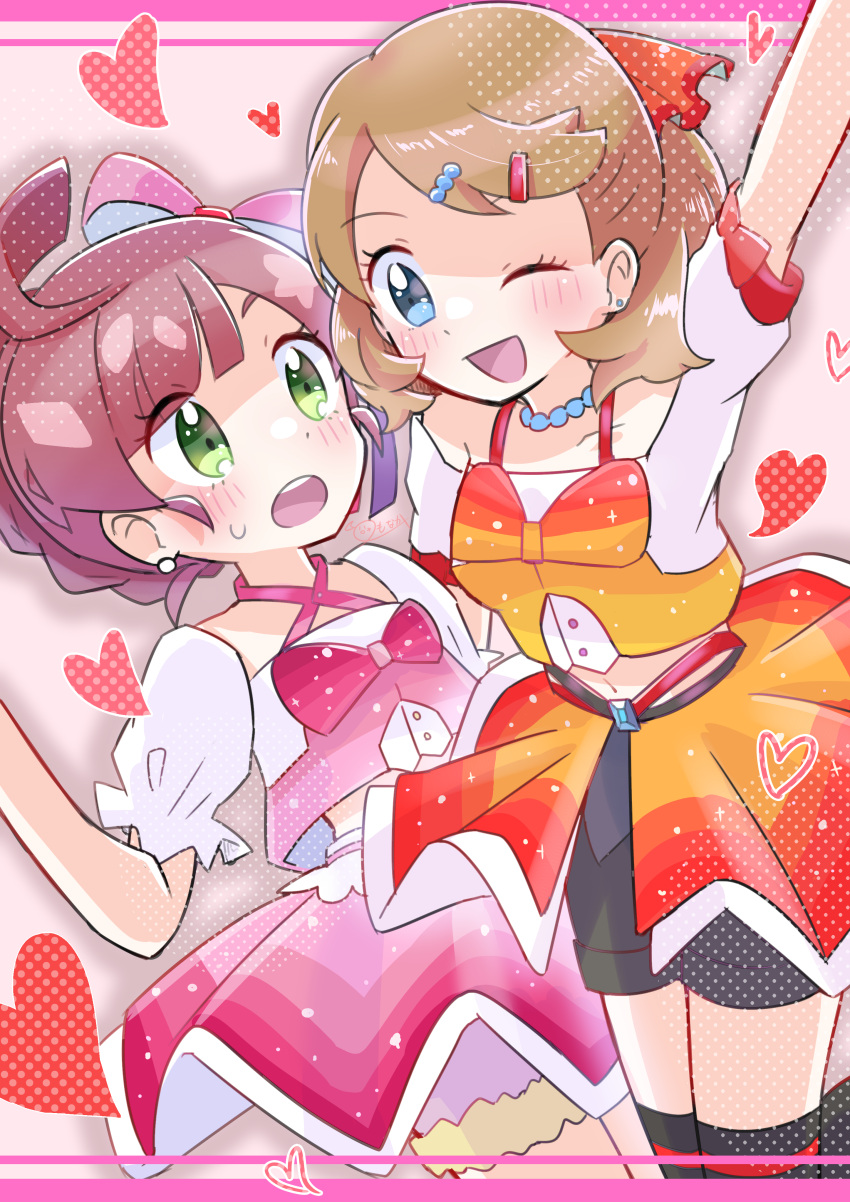 2girls ;d absurdres arm_up bead_necklace beads black_shorts black_thighhighs blonde_hair blue_eyes blush chloe_(pokemon) commentary_request eyelashes green_eyes hair_ornament hairclip heart highres jewelry medium_hair monaka_(monaka_alola) multiple_girls necklace one_eye_closed open_mouth overskirt pink_skirt pokemon pokemon_(anime) pokemon_journeys serena_(pokemon) shirt short_sleeves shorts skirt smile sweatdrop teeth thighhighs tongue upper_teeth_only white_shirt