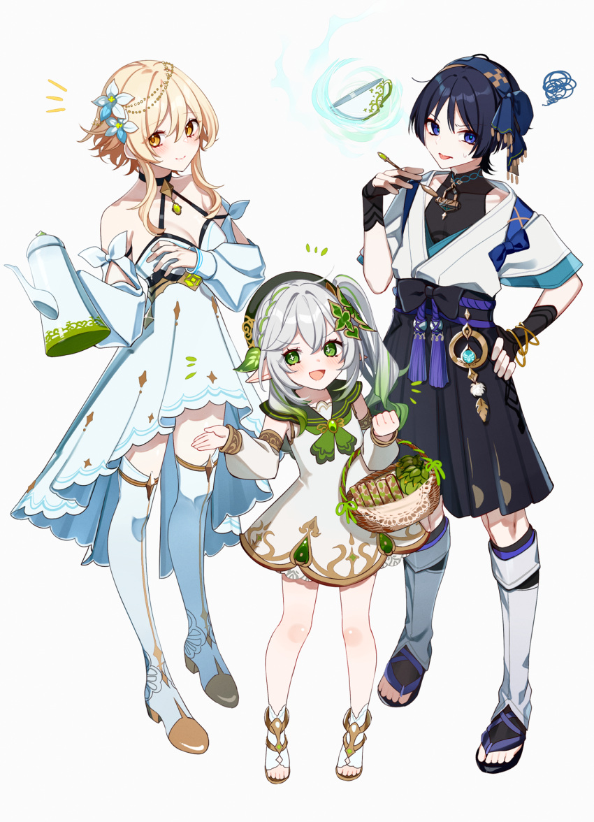 1boy 2girls :d :p alternate_costume blonde_hair blue_hair boots breasts choker cleavage cross-shaped_pupils cup detached_sleeves floating floating_object flower full_body genshin_impact gold_trim gradient_hair green_eyes green_neckerchief green_sailor_collar hair_flower hair_ornament highres holding holding_spoon holding_teapot looking_at_viewer lumine_(genshin_impact) multicolored_hair multiple_girls nahida_(genshin_impact) neckerchief notice_lines purple_eyes sailor_collar sandals scaramouche_(genshin_impact) side_ponytail simple_background smile spoon squiggle symbol-shaped_pupils teacup teapot thigh_boots tongue tongue_out vision_(genshin_impact) wanderer_(genshin_impact) white_background white_hair yellow_eyes yodare_(3yami8) zouri