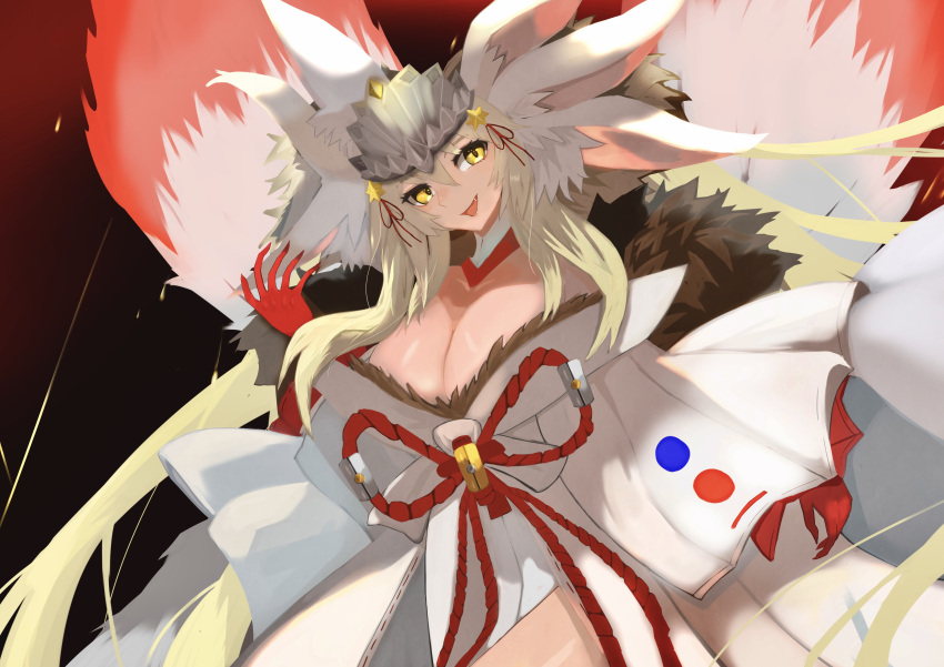 1girl absurdres animal_ear_fluff animal_ears artist_request blonde_hair blood blood_on_hands breasts cleavage collarbone extra_ears fate/grand_order fate_(series) fox_ears fox_girl fox_tail fur-trimmed_kimono fur_trim hair_between_eyes hair_over_face headpiece highres japanese_clothes kimono kitsune koyanskaya_(lostbelt_beast:iv)_(fate) large_breasts long_hair looking_at_viewer multiple_animal_ears multiple_girls open_mouth rope rope_belt shimenawa smile solo split_ponytail tail talisman tamamo_(fate) very_long_hair white_kimono yellow_eyes