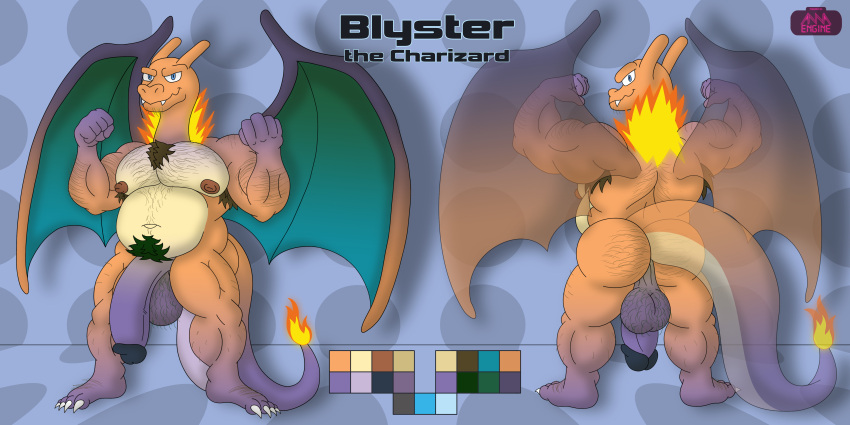 5_fingers absurd_res annaengine anthro armpit_hair backsack balls belly biceps big_penis big_wings blue_eyes body_hair butt butt_hair charizard chest_hair chubby_anthro chubby_male circumcised claws digital_drawing_(artwork) digital_media_(artwork) dragon english_text facial_hair fan_character fangs feet fingers fire fist flaccid flexing front_view generation_1_pokemon genitals gradient_body hairy hairy_arms hairy_balls hi_res humanoid humanoid_genitalia humanoid_penis long_tail looking_at_viewer looking_back male membrane_(anatomy) membranous_wings model_sheet multicolored_body muscular muscular_anthro muscular_male navel nintendo nipples nude orange_body pecs penis pokemon pokemon_(species) pubes purple_balls purple_body purple_penis rear_view scalie shiny_pokemon simple_background slightly_chubby smile solo standing tail tan_body teeth text toe_claws toes winged_humanoid wings