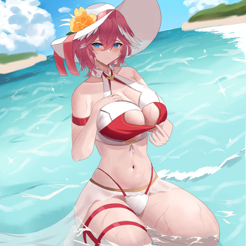 1girl absurdres arm_strap bikini breasts cleavage cloud collarbone flower hat hat_flower head_wings highleg highleg_bikini highres hololive hololive_summer_2023_swimsuit kfsocks kneeling large_breasts layered_bikini mismatched_bikini multicolored_hair navel partially_submerged pink_hair red_bikini sky solo sun_hat swimsuit takane_lui two-tone_hair virtual_youtuber water wet wet_hair white_bikini white_hair white_headwear wings yellow_flower