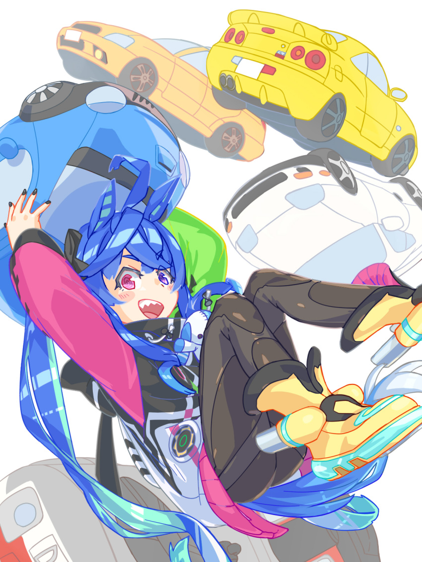 1girl ahoge animal_ears animal_hood ankle_boots aqua_hair arm_up black_bodysuit black_ribbon blue_eyes blue_hair bodysuit boots car commentary crossed_bangs drawstring floating hair_ribbon heterochromia highres hood hood_down hooded_coat horse_ears horse_girl horse_tail knees_up long_hair long_sleeves looking_at_viewer motor_vehicle multicolored_coat multicolored_hair nissan_skyline nissan_skyline_r34 open_mouth rabbit_hood ribbon sharp_teeth siozirinootaku21 smile solo stuffed_animal stuffed_rabbit stuffed_toy tail teeth twin_turbo_(umamusume) twintails two-tone_hair umamusume yellow_footwear