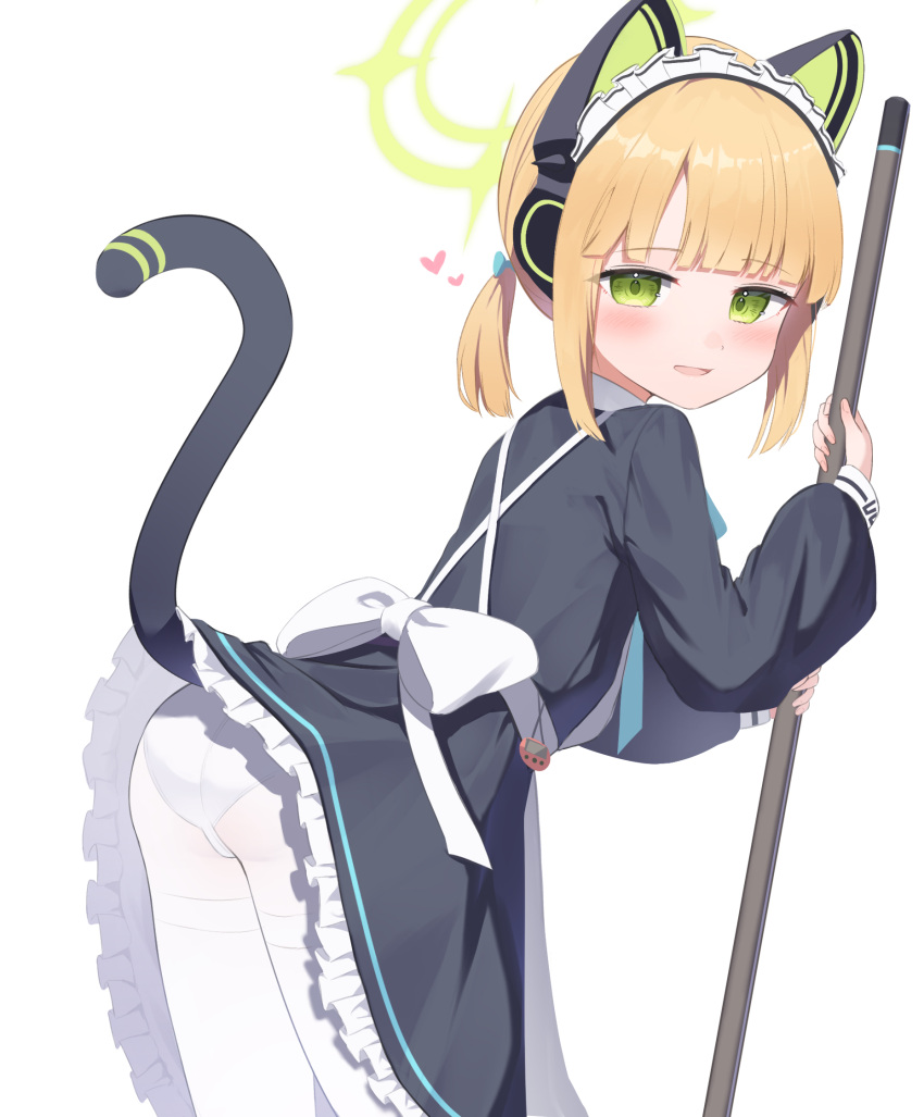 1girl animal_ear_headphones animal_ears back_bow black_dress blonde_hair blue_archive blunt_bangs blush bow broom cat_ear_headphones cat_tail commentary cowboy_shot dress fake_animal_ears frilled_dress frills from_behind green_eyes green_halo halo headphones heart highres holding holding_broom leaning_forward long_sleeves looking_back maid_headdress midori_(blue_archive) midori_(maid)_(blue_archive) official_alternate_costume panties panties_under_pantyhose pantyhose parted_lips puffy_long_sleeves puffy_sleeves short_hair simple_background solo tail takeroku thighband_pantyhose twintails underwear upskirt white_background white_bow white_panties white_pantyhose