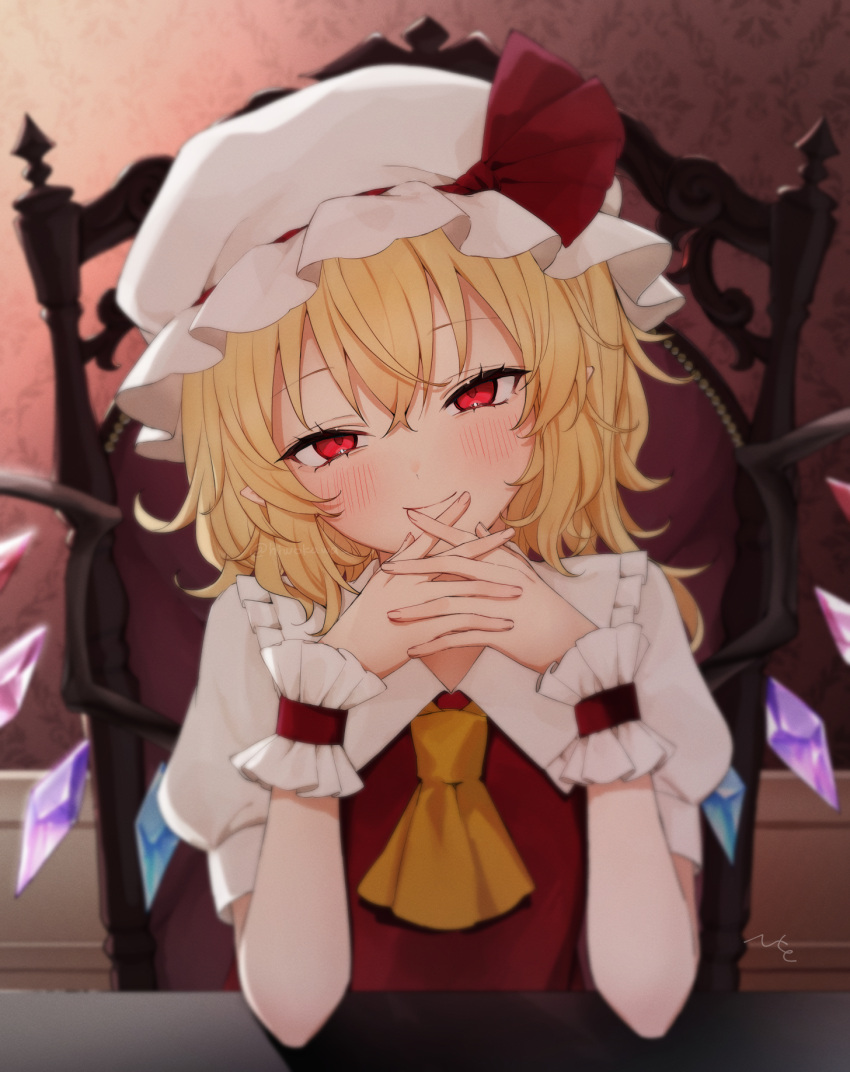 1girl ascot blonde_hair blush closed_mouth collared_shirt crystal flandre_scarlet hair_between_eyes hat highres honotai long_hair looking_at_viewer mob_cap one_side_up orange_ascot puffy_short_sleeves puffy_sleeves red_eyes shirt short_sleeves signature smile solo touhou upper_body white_headwear white_shirt wings wrist_cuffs