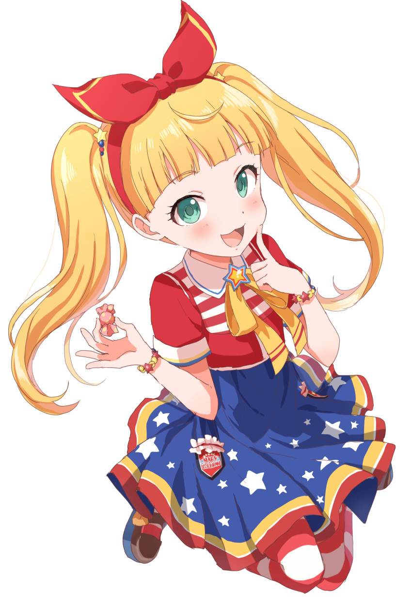 1girl absurdres blonde_hair blush bow bracelet buchi_(y0u0ri_) candy dot_nose finger_to_mouth food green_eyes hair_bow hair_ornament hair_ribbon highres holding holding_food idolmaster idolmaster_cinderella_girls idolmaster_cinderella_girls_starlight_stage jewelry long_hair looking_at_viewer mary_cochran mary_janes multicolored_clothes multicolored_skirt name_tag open_mouth red_ribbon red_shirt ribbon shirt shoes short_sleeves simple_background skirt smile solo star_(symbol) star_print striped striped_skirt striped_thighhighs thighhighs twintails white_background yellow_ribbon