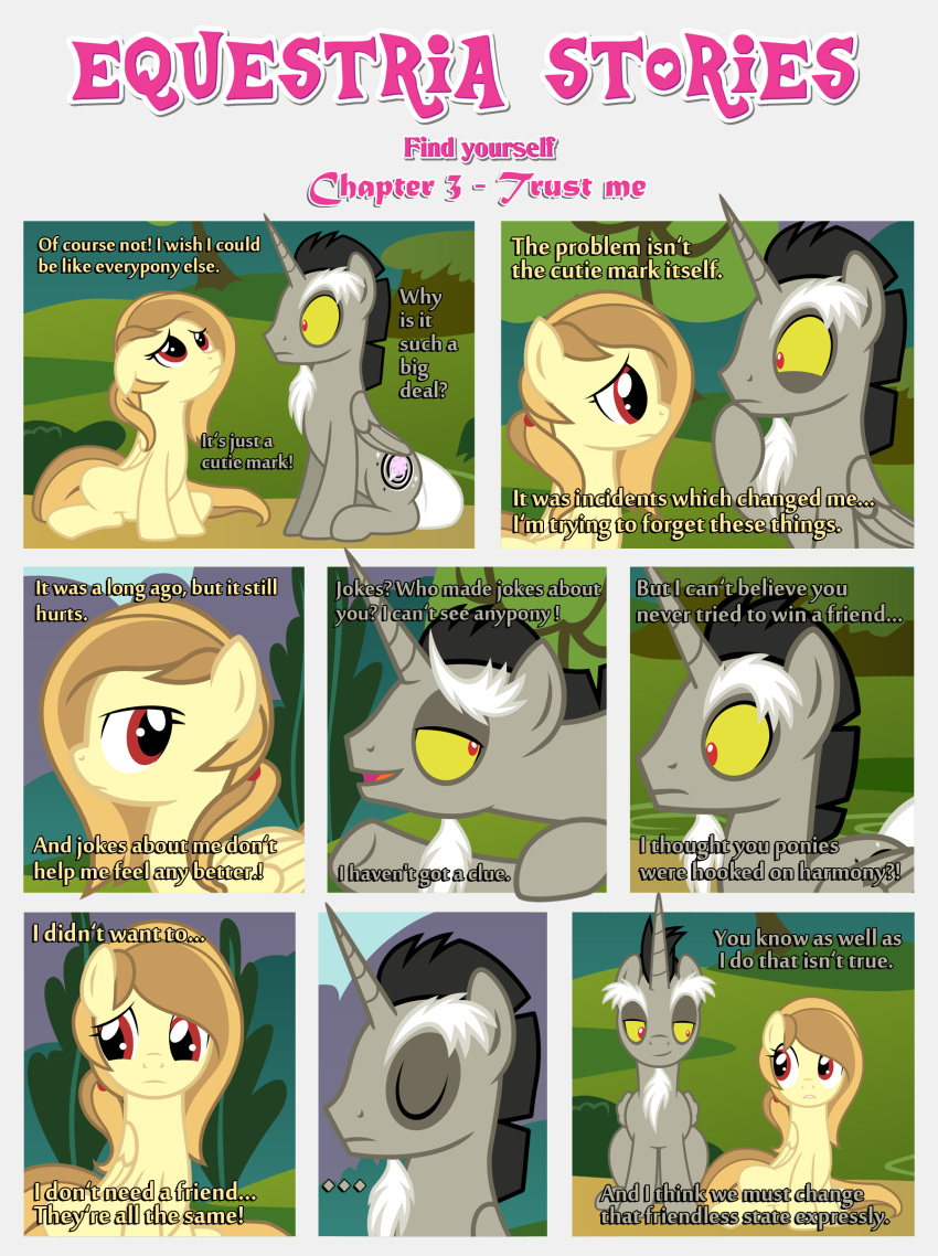 absurd_res advice alice_goldenfeather_(estories) black_border border cutie_mark dialogue discord_(mlp) duo ears_down ears_up equid equine estories eyes_closed female feral friendship_is_magic frown hasbro hi_res horn male mammal my_little_pony open_mouth outside pegasus pivoted_ears plant sad sad_expression sad_eyes sitting tree wide_eyed winged_unicorn wings