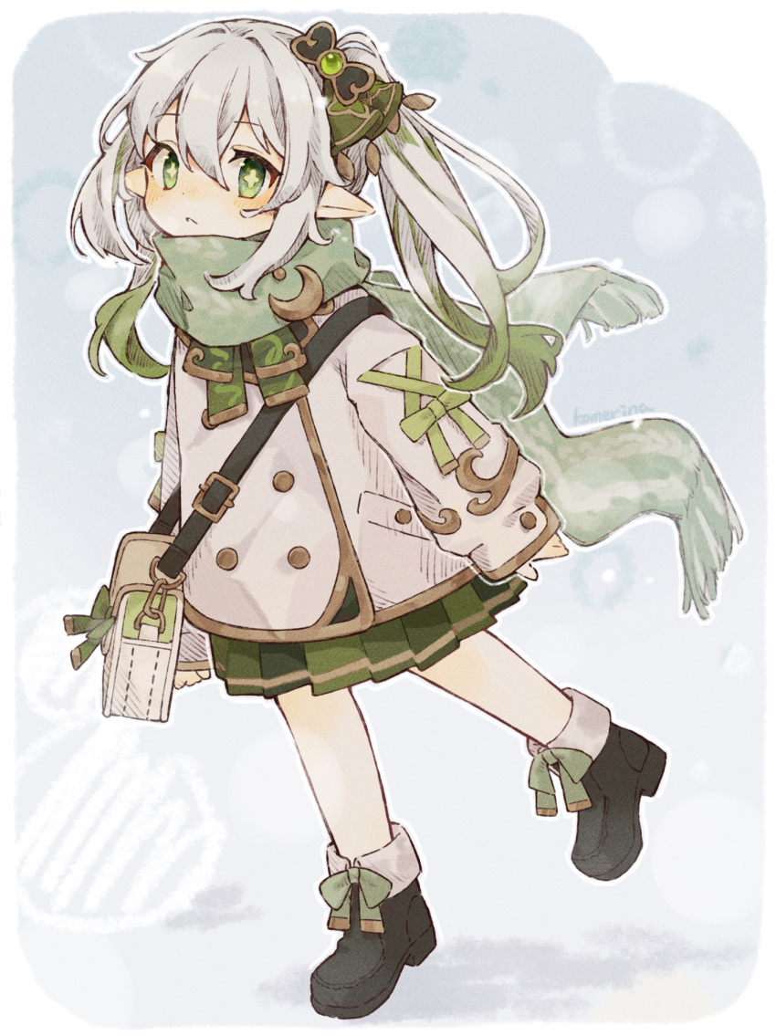 1girl bag bangs bow coat cross-laced_clothes cross-laced_sleeves cross-shaped_pupils female_child genshin_impact gradient_hair green_bow green_eyes green_hair green_scarf green_skirt hair_between_eyes highres komerina long_hair multicolored_hair nahida_(genshin_impact) pleated_skirt pointy_ears satchel scarf shoulder_bag side_ponytail skirt solo standing standing_on_one_leg symbol-shaped_pupils white_coat white_hair