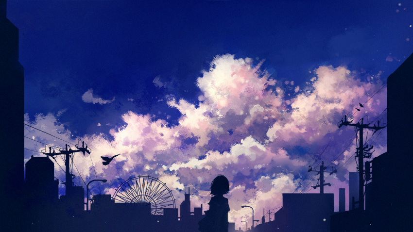 1girl axleaki bird blue_sky bob_cut building city cityscape cloud commentary_request dusk ferris_wheel film_grain floating_hair from_behind highres lamppost original outdoors power_lines scenery short_hair silhouette sky sky_focus solo utility_pole