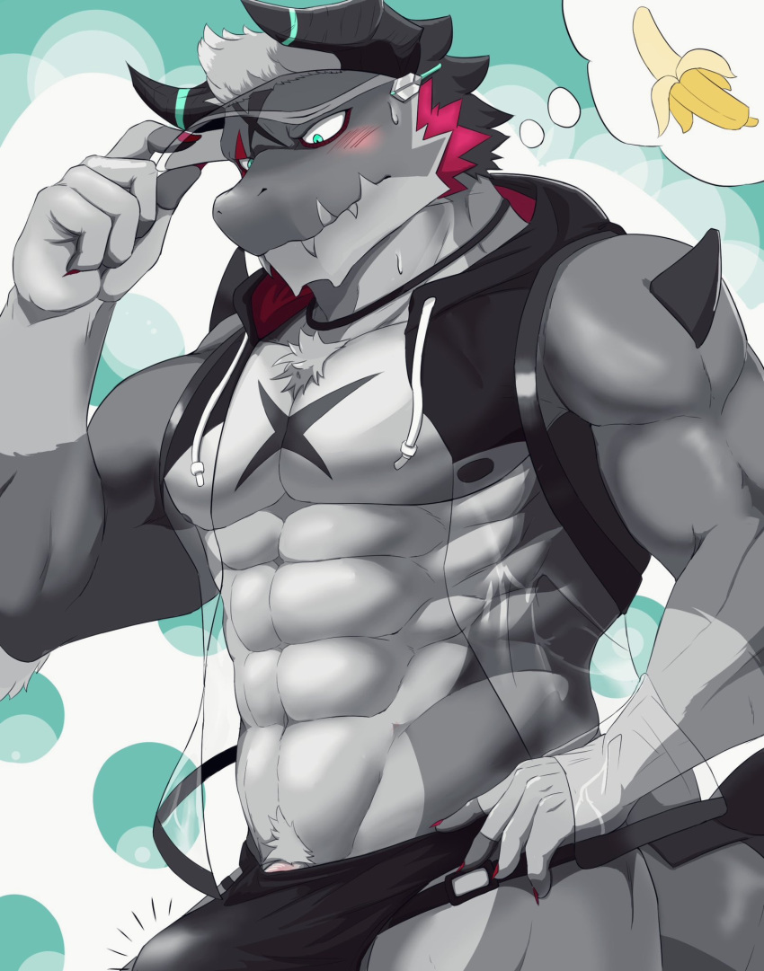 abs anthro blush clothed clothing dragon erection erection_under_clothing genitals giansar grey_body hair hi_res horn kesigomu_kemo lifewonders live_a_hero male muscular muscular_anthro muscular_male nipples pecs penis penis_base solo speedo swimwear white_hair