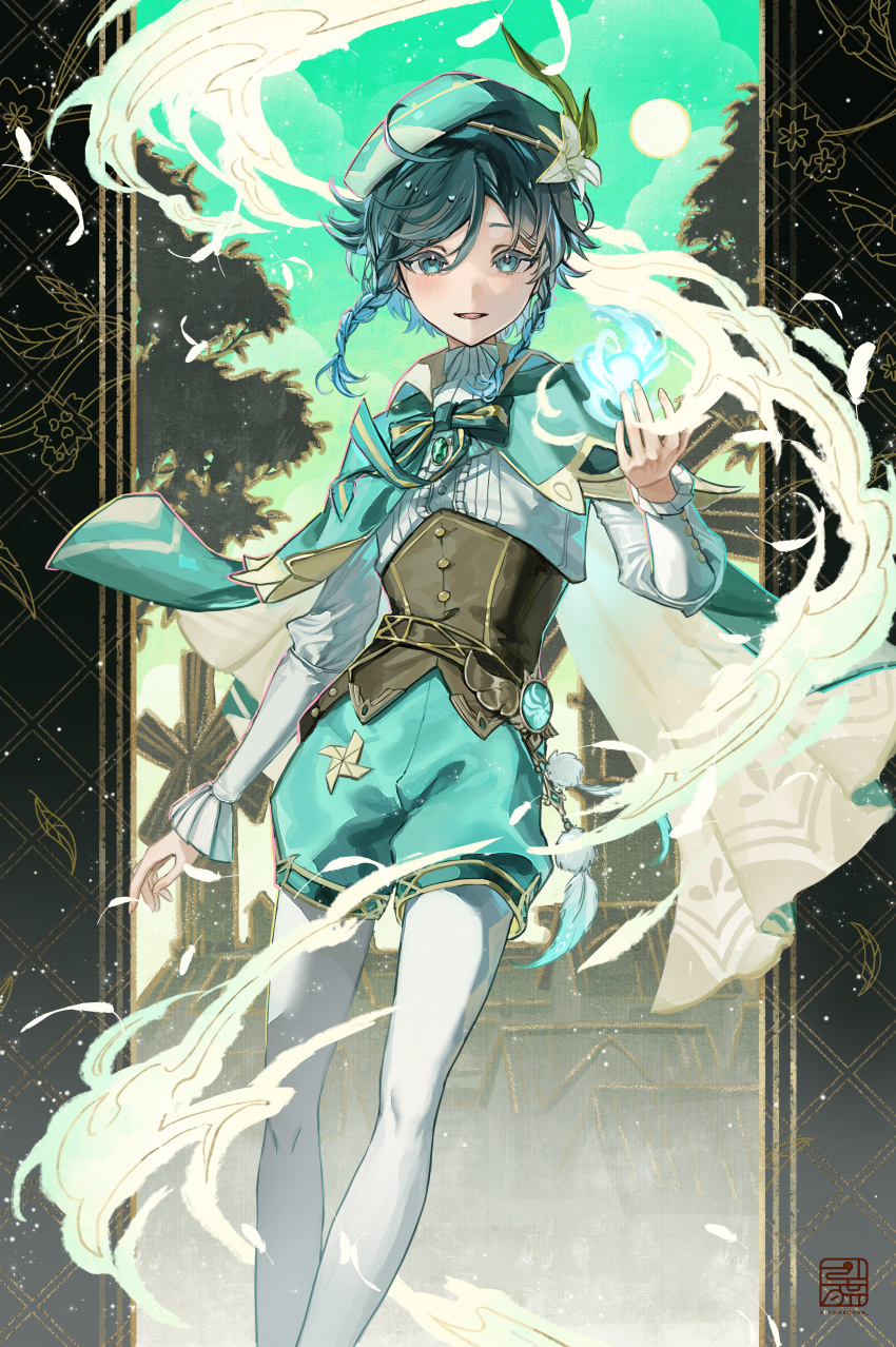 1boy absurdres beret black_hair blue_eyes blue_hair braid brown_corset brown_footwear cape collared_cape corset flower genshin_impact gradient_hair green_cape green_headwear green_shorts hat hat_flower highres hitohachan juliet_sleeves loafers long_sleeves male_focus multicolored_hair pantyhose pinwheel puffy_sleeves shirt shoes short_hair_with_long_locks shorts solo twin_braids venti_(genshin_impact) white_flower white_pantyhose white_shirt wind