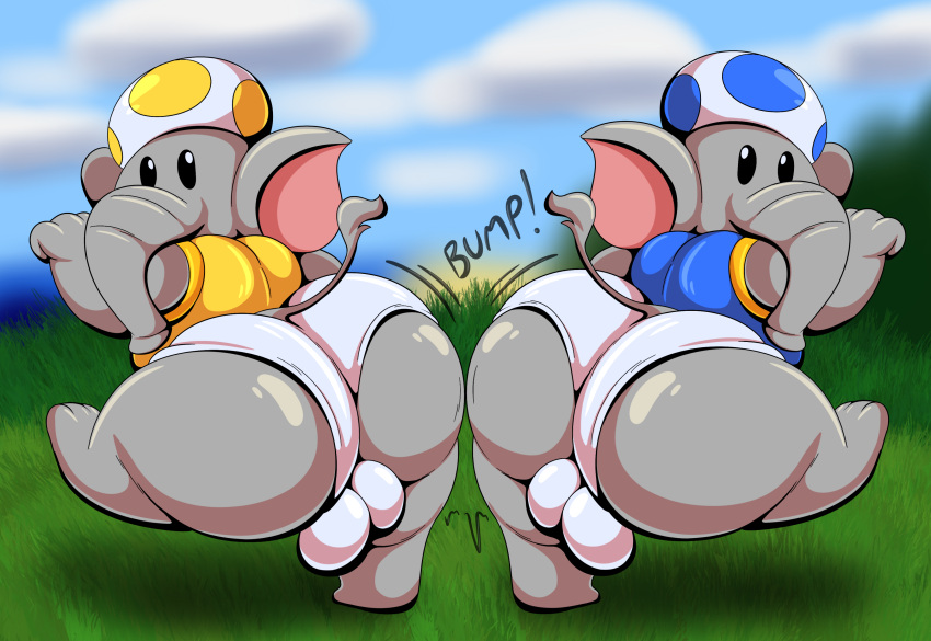 absurd_res anthro balls big_butt bulge butt butt_bump clothing detailed_bulge duo elephant elephant_toad elephantid genitals hi_res looking_at_viewer looking_back male male/male mammal mario_bros nintendo proboscidean super_mario_bros_wonder tepigfan101 toad_(mario) underwear