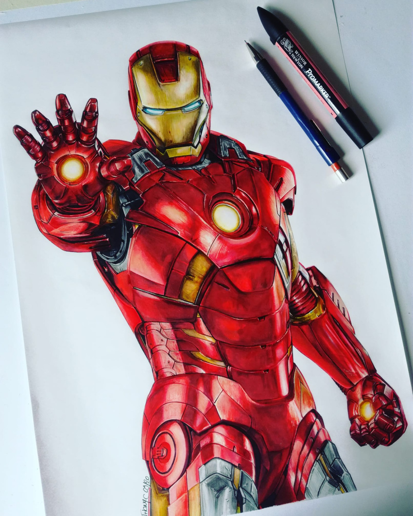 1boy anthony-c art_tools_in_frame artist_name blue_eyes clenched_hand english_commentary glowing highres iron_man iron_man_(series) iron_man_3 male_focus marker marker_(medium) marvel marvel_cinematic_universe mechanical_pencil open_hand pencil photo_(medium) power_armor realistic solo traditional_media