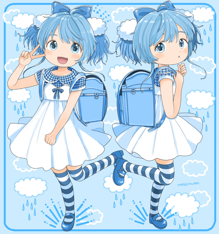 1girl :o absurdres ahoge artist_name backpack bag blue_background blue_bag blue_border blue_eyes blue_footwear blue_hair blue_headwear blue_ribbon blue_theme blue_thighhighs border bow checkered_clothes child cloud cloud_hair_ornament collar collared_dress dot_nose dress dress_ribbon fang flat_chest floating_clothes floating_hair frilled_collar frills from_side hair_bow highres holding_strap light_blue_hair light_blush long_hair looking_at_viewer looking_back mary_janes multiple_views nagomurasan open_mouth original rain randoseru ribbon shoes short_sleeves short_twintails shoulder_strap sidelocks smile solo splashing standing standing_on_one_leg striped striped_thighhighs thighhighs twintails victory_pose water_drop_hair_ornament white_dress white_thighhighs zettai_ryouiki