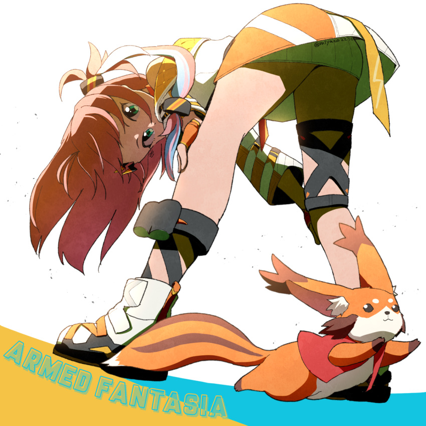 1girl armed_fantasia brown_hair closed_mouth coat creature fingerless_gloves full_body gloves green_eyes highres long_hair looking_at_viewer miyaco_(miyaco2236) multicolored_hair orange_gloves side_ponytail skirt soleil_ainsley strisch_(armed_fantasia) two-tone_hair upper_body white_coat