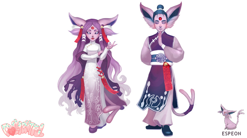 ambiguous_gender anthro asian_clothing big_ears black_nose black_sclera blue_hair bottomwear chinese_clothing chinese_dress clothing colored colored_nails dollightful dress duo east_asian_clothing eeveelution espeon eyebrows fluffy footwear forehead_gem full-length_portrait fur generation_2_pokemon hair hi_res inner_ear_fluff lips long_hair nails nintendo pants pokemon pokemon_(species) portrait pose purple_body purple_fur purple_hair shaded shoes tail topknot tuft wavy_hair white_eyes