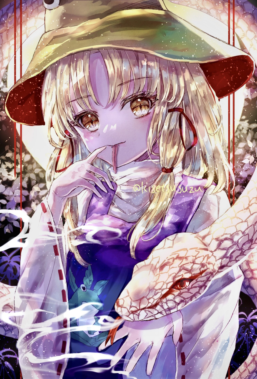 1girl animal_print blonde_hair breasts brown_headwear commentary_request eyelashes finger_to_mouth forked_tongue frog frog_print hair_ribbon hand_up hat highres light_smile long_sleeves long_tongue looking_at_viewer medium_hair mishaguji moriya_suwako parted_bangs purple_vest pyonta red_eyes red_ribbon ribbon ribbon_trim shirt slit_pupils small_breasts snake solo suzushina tongue tongue_out touhou turtleneck upper_body vest white_shirt white_snake wide_sleeves yellow_eyes