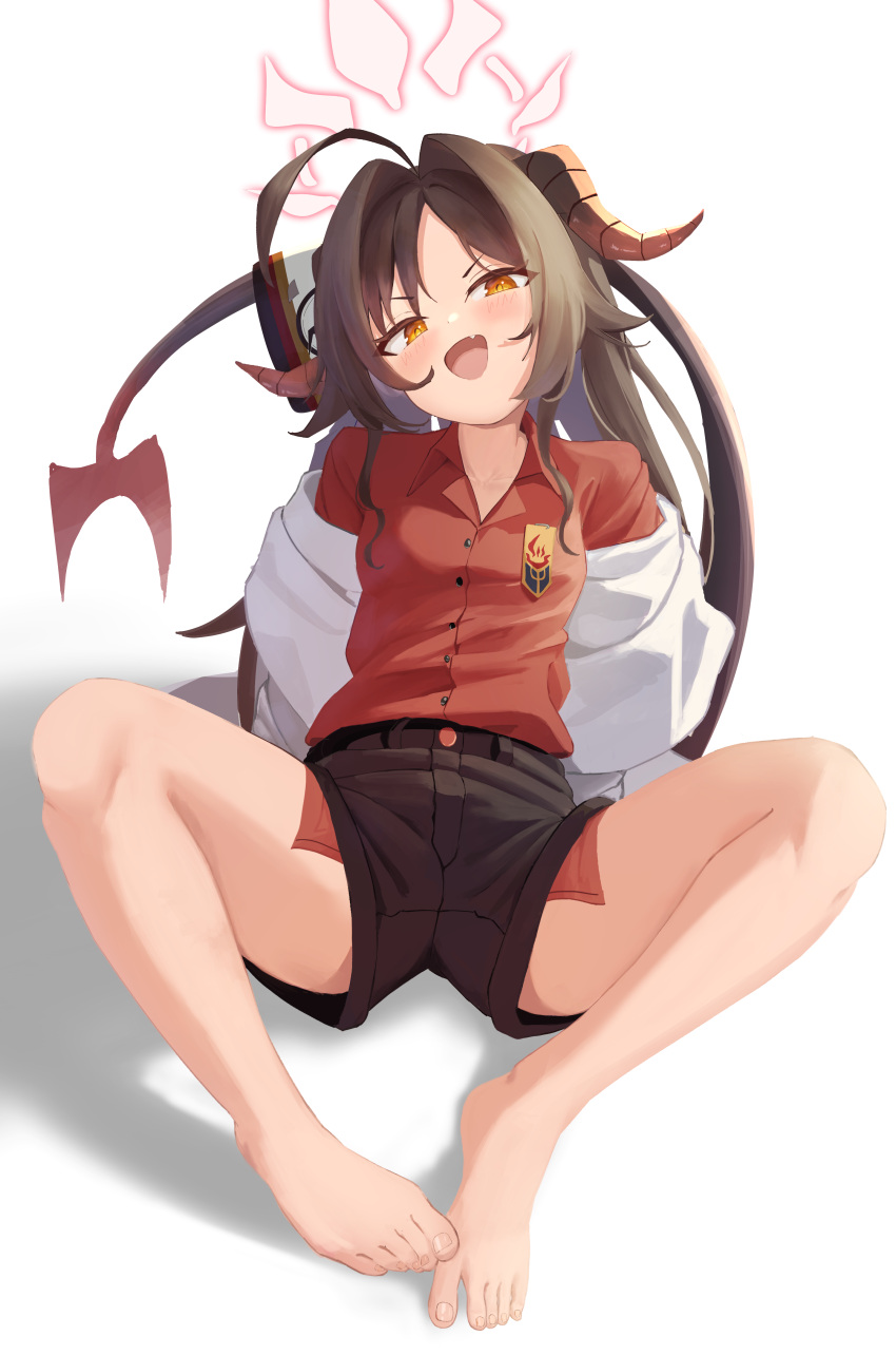 1girl absurdres ahoge barefoot black_hair black_horns black_shorts black_tail blue_archive blush collared_shirt demon_horns fang hair_intakes highres horns kasumi_(blue_archive) looking_at_viewer open_mouth red_shirt shirt shirt_tucked_in shorts simple_background solo spell_phd white_background yellow_eyes