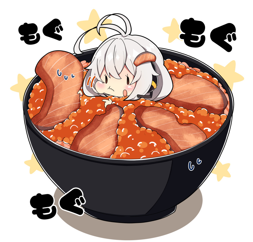 1girl antenna_hair blush brown_eyes caviar closed_mouth eating food food-themed_hair_ornament food_on_face grey_hair hair_between_eyes hair_ornament headphones highres in_bowl in_container kizuna_akari long_hair milkpanda salmon simple_background solo star_(symbol) voiceroid white_background