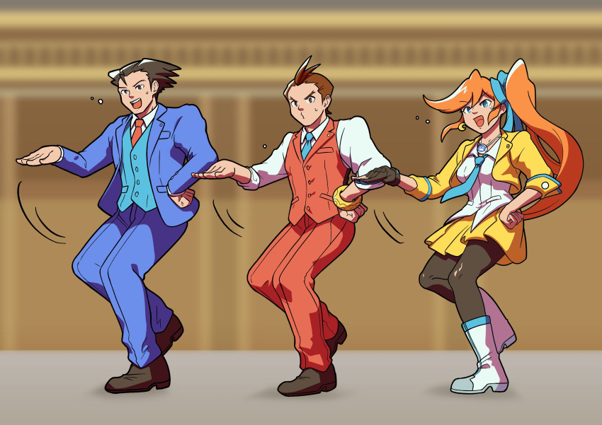 1girl 2boys :d absurdres ace_attorney antenna_hair apollo_justice athena_cykes black_eyes black_hair black_pantyhose blue_jacket blue_necktie blue_pants blue_ribbon blue_suit blue_vest blurry blurry_background boots bracelet breast_pocket brown_footwear brown_hair buttons clenched_hand closed_mouth collared_shirt crescent crescent_earrings cropped_jacket dancing earrings full_body gloves hair_ribbon hand_on_own_hip highres jacket jewelry lapel_pin lapels layered_sleeves long_hair long_sleeves loose_necktie miniskirt multiple_boys necklace necktie o3o open_collar open_mouth orange_hair pants pantyhose partially_fingerless_gloves phoenix_wright pocket pokeno255 pose_request red_necktie red_pants red_vest ribbon shirt short_hair side_ponytail sidelocks single_earring single_glove skirt sleeve_cuffs sleeves_rolled_up smile spiked_hair standing standing_on_one_leg suit suit_jacket sweat swept_bangs three-piece_suit untucked_shirt v-shaped_eyebrows very_long_hair vest white_footwear white_shirt yellow_jacket yellow_skirt