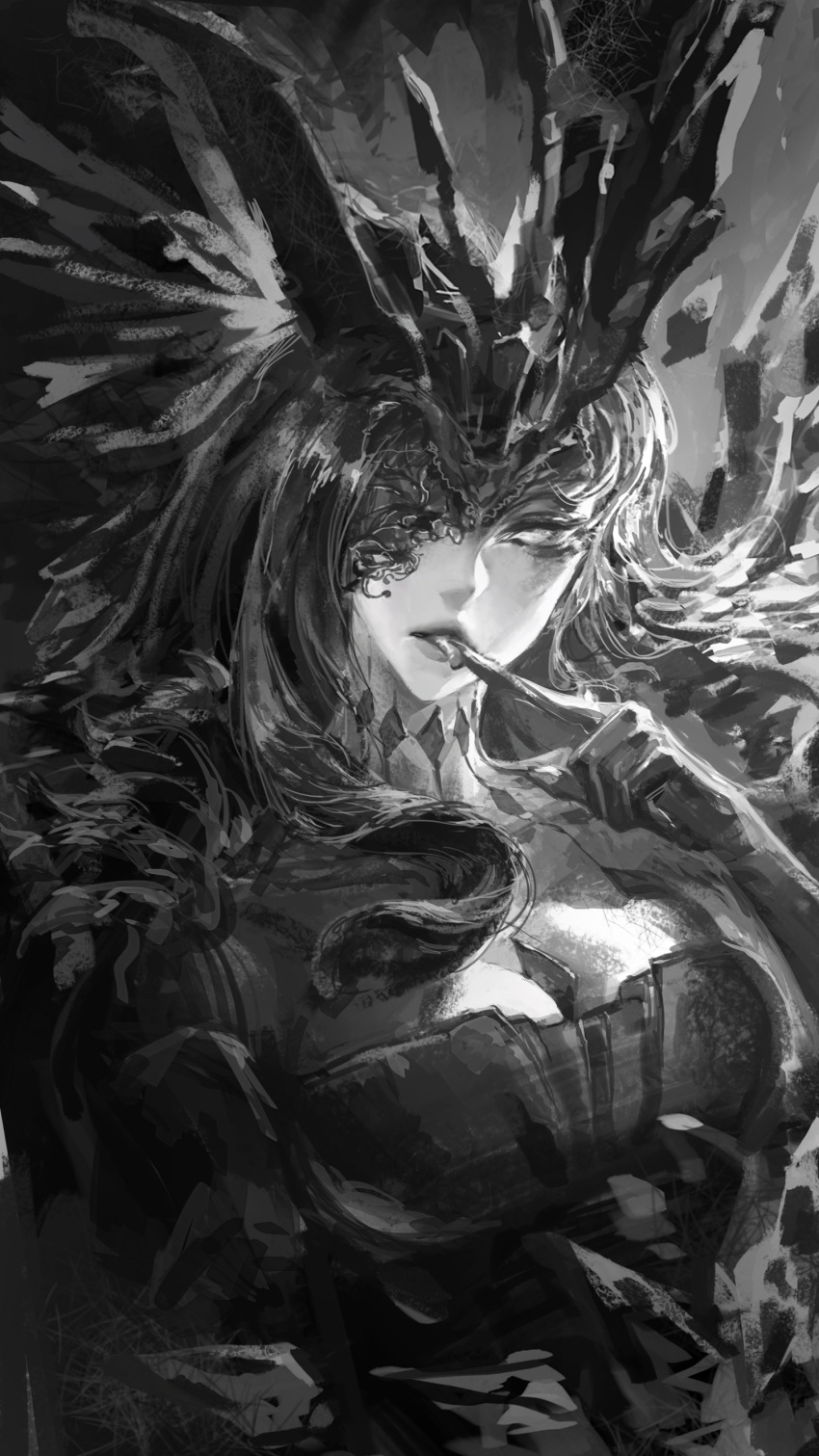 1girl absurdres blindfold breasts cleavage elbow_gloves genshin_impact gloves greyscale hand_up highres huabuwandefeng index_finger_raised large_breasts licking licking_finger long_hair looking_at_viewer mask monochrome one_eye_closed realistic signora_(genshin_impact) solo tongue tongue_out upper_body