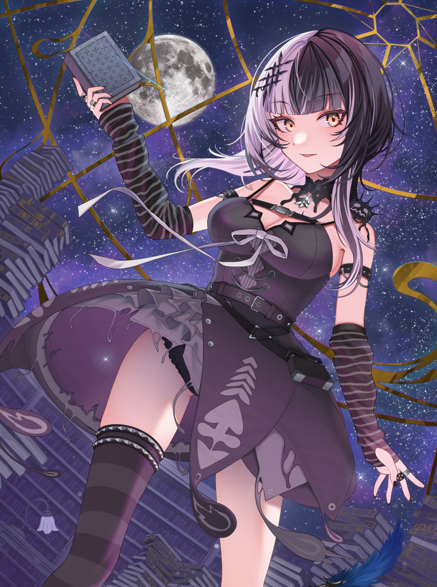 1girl absurdres belt black_belt black_choker black_dress black_gloves black_hair black_nails black_panties black_thighhighs book choker dress elbow_gloves gloves highres holding holding_book hololive hololive_english jewelry lace-trimmed_choker lace_trim long_hair looking_at_viewer moon multicolored_hair nail_polish night night_sky panties ring shiori_novella sky smile split-color_hair star_(sky) striped striped_gloves striped_thighhighs thighhighs underwear virtual_youtuber white_hair yellow_eyes yorick_(shiori_novella) yukinashi