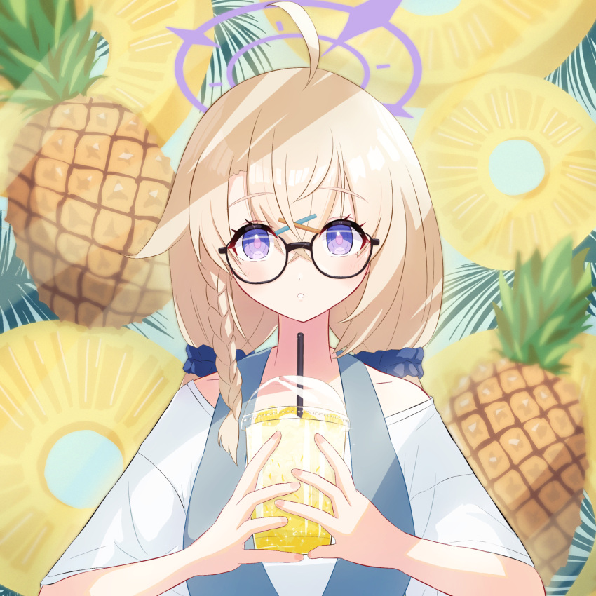 1girl ahoge alternate_costume black-framed_eyewear blonde_hair blue_archive braid cup disposable_cup food fruit glasses hair_ornament hair_scrunchie hairclip halo highres holding holding_cup kotama_(blue_archive) long_hair looking_at_viewer low_twintails makolas97 parted_lips pineapple pineapple_slice purple_eyes scrunchie short_sleeves side_braid solo twintails upper_body