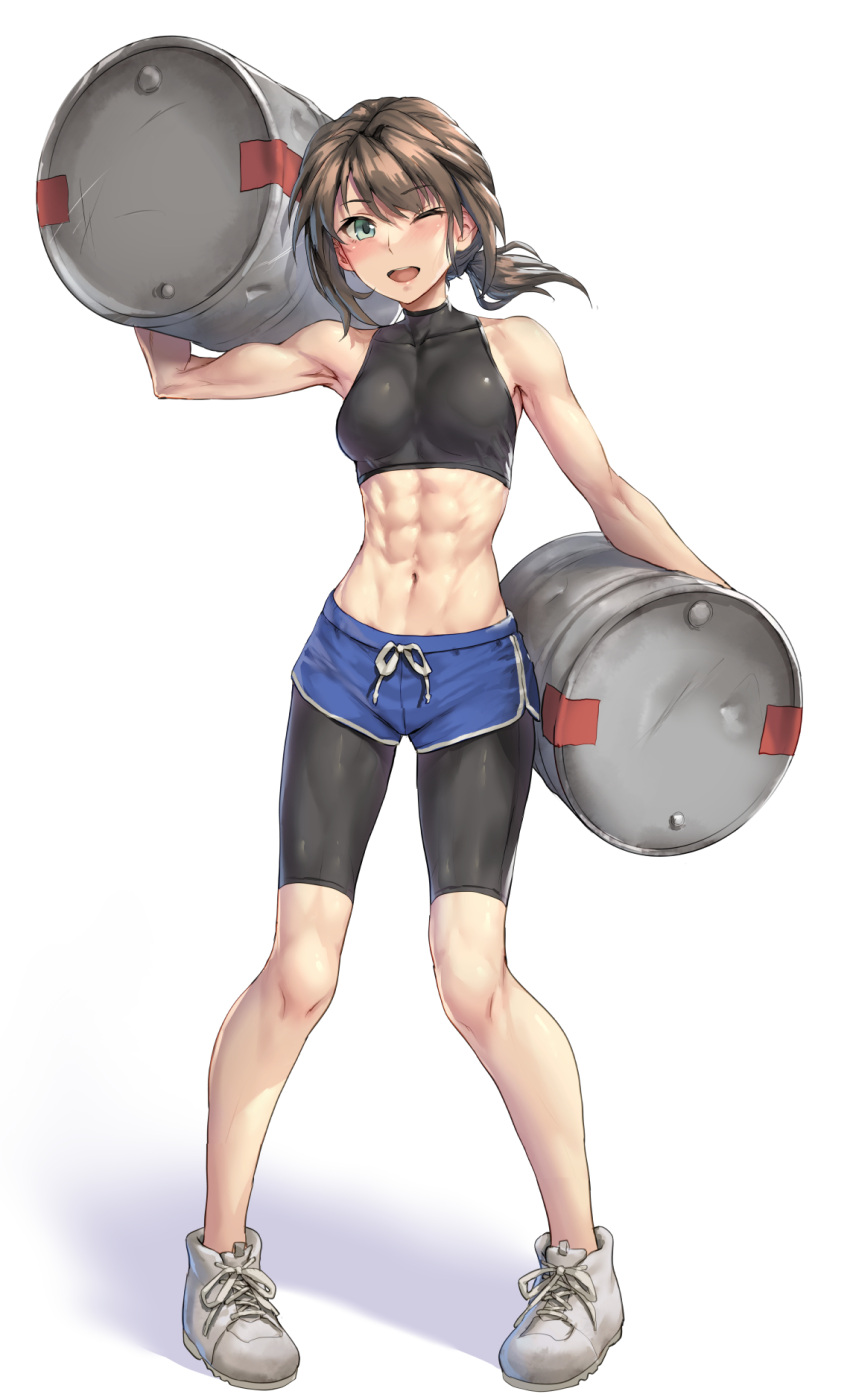 1girl bike_shorts black_hair black_shorts blue_shorts blush breasts commission dolphin_shorts drum_(container) fubuki_(kancolle) full_body green_eyes highres holding kantai_collection kokuzou looking_at_viewer medium_hair muscular muscular_female navel one_eye_closed open_mouth shoes short_ponytail shorts simple_background skeb_commission small_breasts smile sneakers solo standing white_background white_footwear