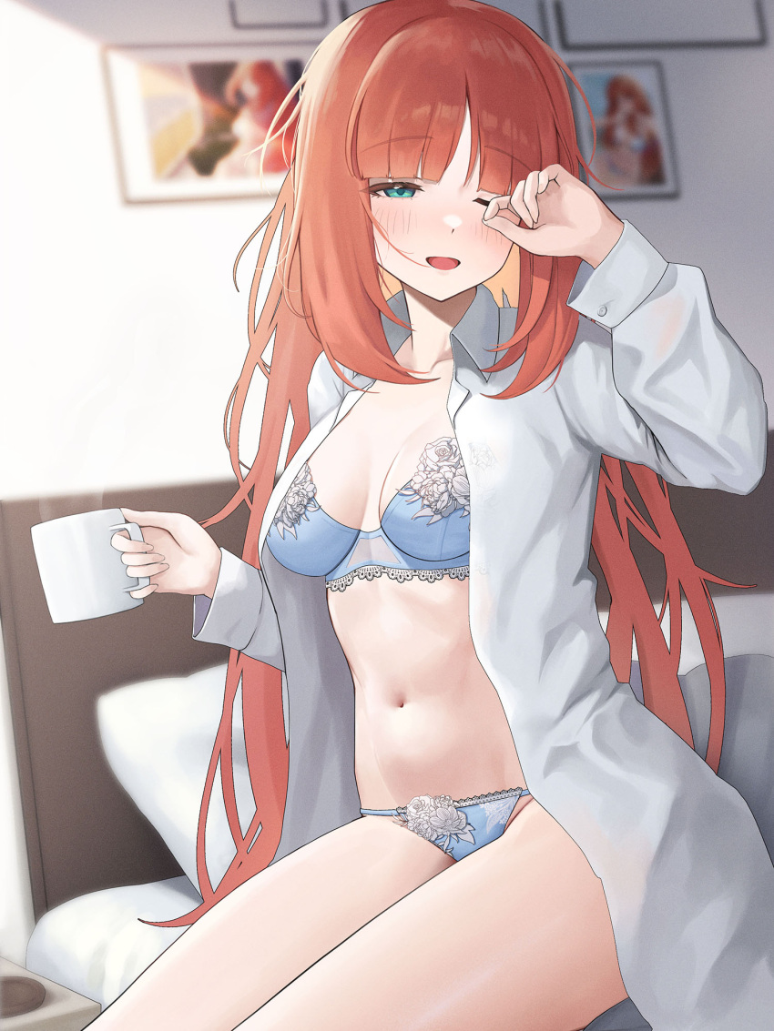 1girl bed blue_bra blue_panties blush bra breasts cleavage coffee coffee_mug collarbone collared_shirt cup dress_shirt genshin_impact green_eyes highres large_breasts long_hair long_sleeves looking_at_viewer mug navel nilou_(genshin_impact) on_bed one_eye_closed open_clothes open_mouth open_shirt panties red_hair shirt sidelocks sitting smile solo sp123 thighs underwear variant_set waking_up white_shirt