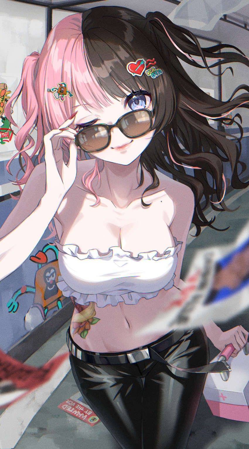 1girl absurdres adjusting_eyewear bare_arms bare_shoulders belt black_belt black_hair black_pants blue_eyes blunt_bangs box breasts cleavage collarbone first_aid_kit floral_print flyers graffiti hair_ornament hand_on_eyewear heart heart_hair_ornament highres hip_tattoo holding holding_box iris_black_games large_breasts mole mole_on_shoulder momomoi_momoi multicolored_hair one_eye_closed pants pink_hair pink_lips red_nails sidelocks smile solo split-color_hair standing streaked_hair sunglasses tachibana_hinano_(vtuber) tunnel twintails very_long_fingernails virtual_youtuber vspo! wanted