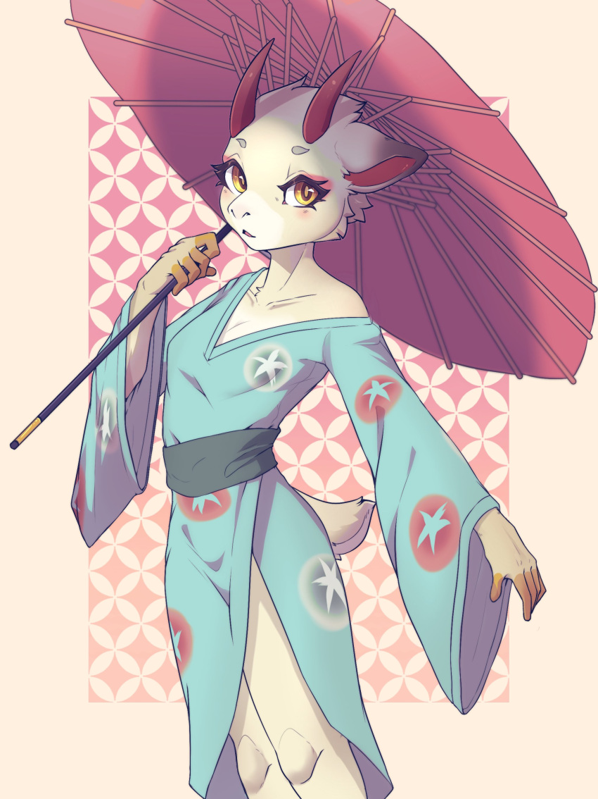2021 absurd_res animal_crossing anthro asian_clothing blue_clothing blue_kimono blush border breasts cheek_tuft clothed clothing deer dipstick_ears east_asian_clothing eyeshadow facial_tuft female fingerless_(marking) front_view fully_clothed hi_res holding_object holding_umbrella horn japanese_clothing kimono legs_together looking_at_viewer makeup mammal multicolored_ears nintendo obi open_mouth pattern_background pink_eyeshadow portrait red_horn ricky945 shino_(animal_crossing) simple_background small_breasts solo standing tan_border three-quarter_portrait three-quarter_view tuft umbrella wagasa yellow_eyes